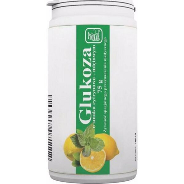 Glucose, arôme citron et menthe, pour le traitement diététique du test de tolérance au glucose par voie orale (courbe de sucre), dans les états de carence glucidique, dans les états d'épuisement, par exemple après un exercice prolongé, dans les conditions d'hypoglycémie chez les patients atteints de diabète sucré établi (par ex. , surdosage) d'insuline).