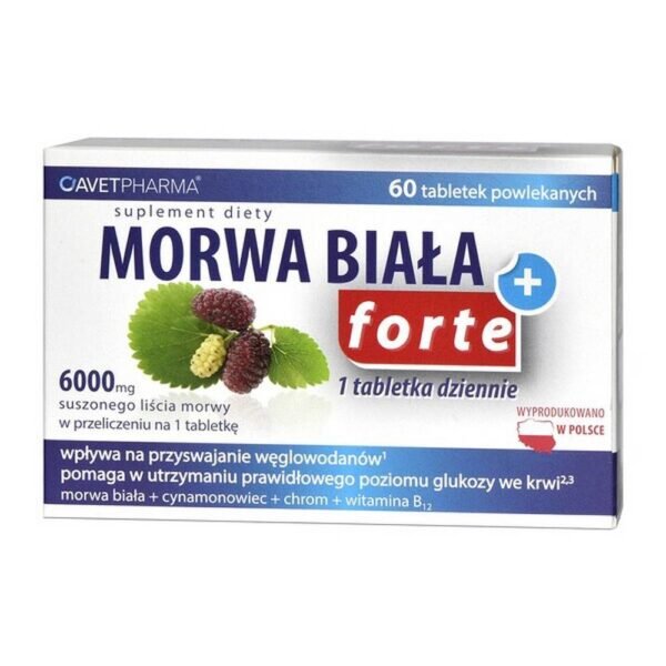 MORWA WHITE PLUS FORTE is a dietary supplement with chromium, cinnamon extract, vitamin B12 and mulberry protein extract.
