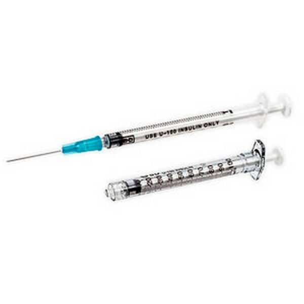 La jeringa de insulina BD Plastipak Luer es una jeringa de insulina desechable de 1 ml con escala U-40 transparente y aguja integrada de 30G x ½” (0,3 mm x 13 mm).