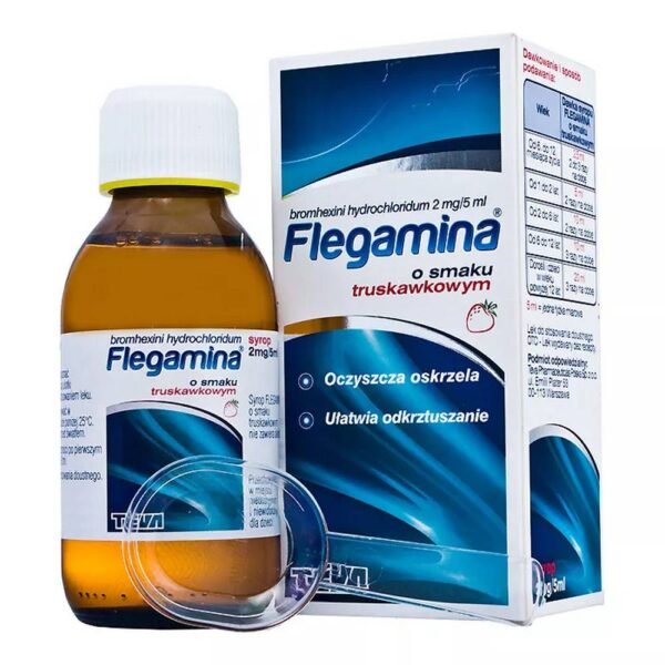 Le sirop FLEGAMINA au goût de fraise contient l'ingrédient actif chlorhydrate de bromhexine, qui est un expectorant qui fluidifie les sécrétions des voies respiratoires. Le médicament facilite l'expectoration et le nettoyage des bronches.
