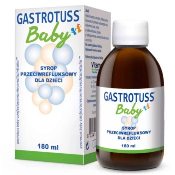Gastrotuss bébé est un médicament sous forme de sirop destiné à être utilisé chez le nourrisson et l'enfant dans le traitement du reflux gastro-oesophagien et du reflux laryngopharyngé. Le médicament crée une barrière anti-reflux mécanique, éliminant les symptômes tels que régurgitation, brûlures d'estomac (brûlure dans l'œsophage), sensation de congestion dans la gorge, inflammation du nasopharynx, éructations, flatulences, toux, dysphonie (enrouement dû au reflux irritation des la glotte). ). En même temps, le sirop soulage d'autres troubles de reflux.