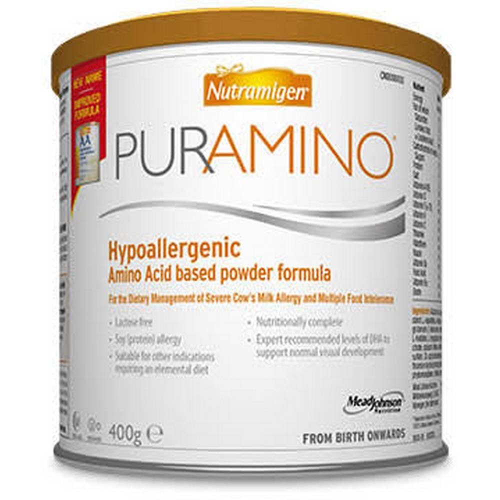 puramino 400g цитрат кальция, L-гистидин, цистин, L-глицин, цитрат натрия, L-триптофан, L-метионин, таурин, L-карнитин. Действие Nutramigen PURAMINO – диетическое питание специального лечебного назначения для детей раннего возраста с первых дней жевания до 6-месячного возраста и до этого момента может быть единственным источником питания. Гипоаллергенный препарат, содержащий свободные аминокислоты, предназначенный для диетического лечения аллергии на пищевые белки, в том числе полипищевой аллергии, а также при необходимости элементарной диеты.