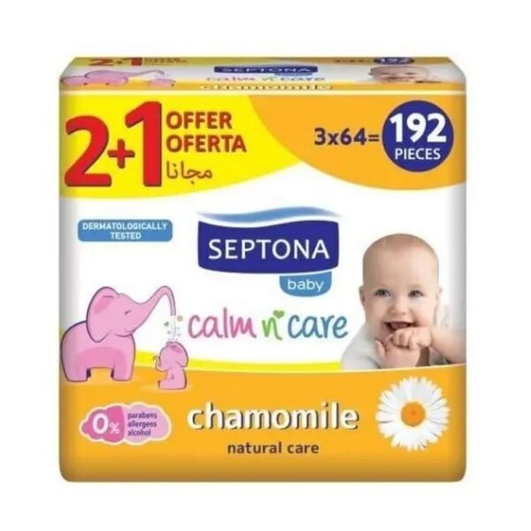 Septona Baby Chamomile wet wipes for babies and children, 64 pieces. Set 2+1 Septona Baby Chamomile wet wipes have been soaked in a care-cleansing formula with chamomile.