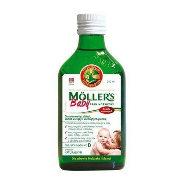 Moller's Baby Tran Norwegian is a natural source of Omega-3 fatty acids (DHA and EPA) and vitamins D and A.