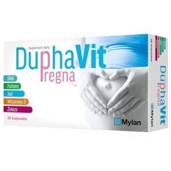 DuphaVit Pregna est un complément alimentaire destiné aux femmes enceintes et allaitantes. Les ingrédients de la préparation aident à compléter le régime alimentaire avec de l'acide DHA, des folates, de l'iode, de la vitamine D3 et du fer, qui sont si importants pour la santé de la mère, du fœtus ou de l'enfant allaité.