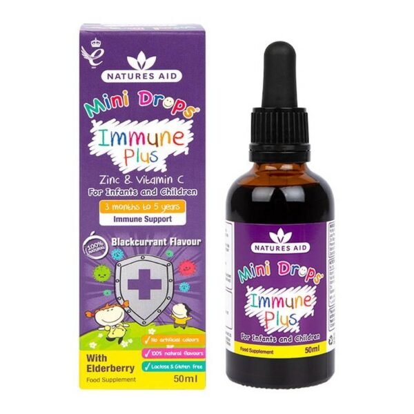Immune Plus Mini Drops de Natures Aid es un suplemento dietético en forma de gotas que contienen zinc y vitamina C que apoyan el sistema inmunológico.