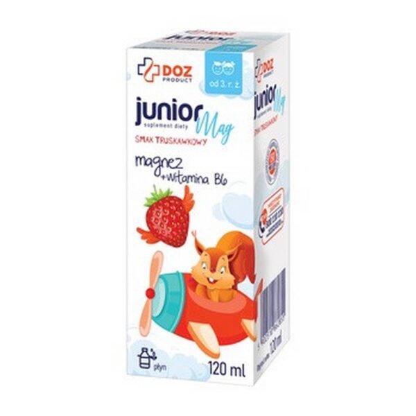 PRODUCTO DOZ JuniorMag: un suplemento dietético en forma de líquido que complementa la dieta diaria con magnesio y vitamina B6. El producto está destinado a niños a partir de 3 años y adultos.