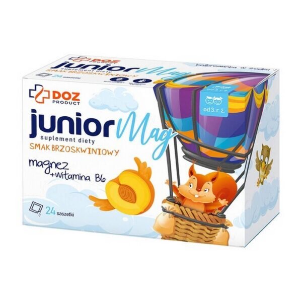DOZ PRODUCT Junior Mag - un suplemento dietético que contiene magnesio y vitamina B6. El producto está destinado a niños mayores de 3 años.