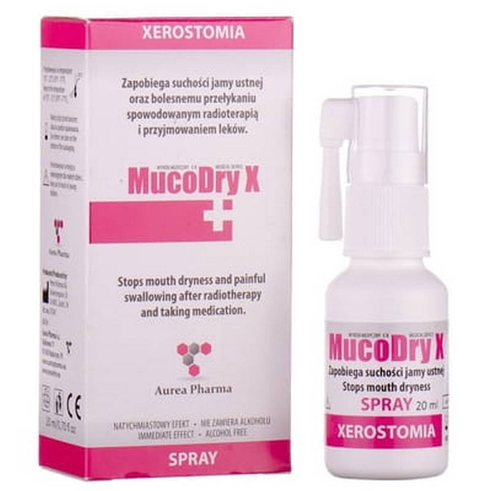 mucodry x 20ml MucoDry X is a gentle spray that, in case of saliva deficiency, keeps the oral cavity moist and covers the oral mucosa with a thin protective layer. The drug prevents dry mouth and pain when swallowing caused by radiation therapy and medication. The drug stimulates the natural secretion of saliva, its ingredients help to reduce bad taste and bad breath.