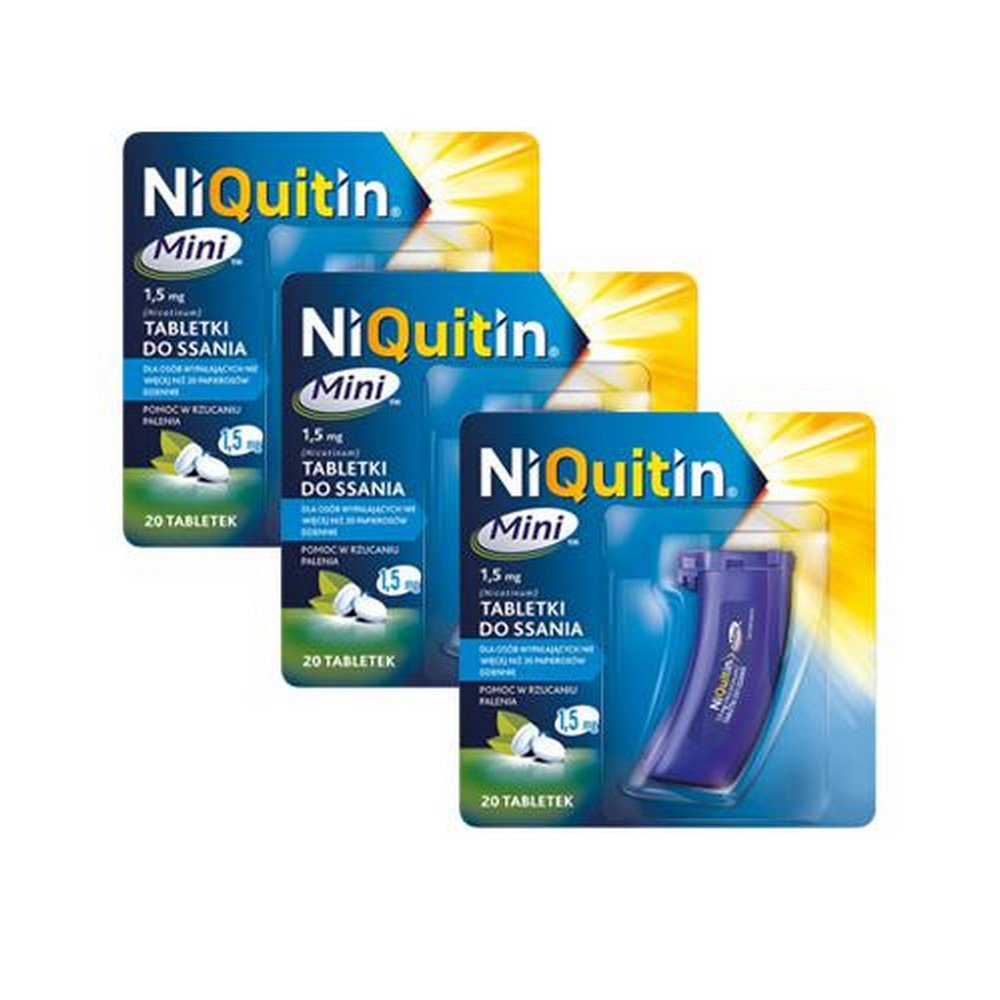 niquitin mini 15 mg 3 x 20 tablets for sucking for quitting smoking perrigo Las pastillas para chupar NiQuitin Mini de 1,5 mg están indicadas para el tratamiento de la dependencia del tabaco al aliviar los síntomas asociados con la abstinencia de la nicotina, incluida la sensación de ansia, cuando se intenta dejar de fumar.