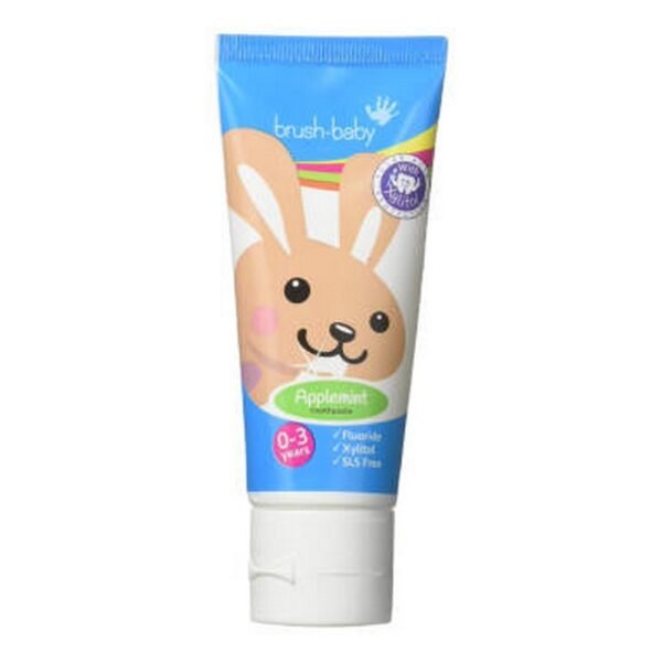 Le dentifrice Brush-Baby AppleMint pour enfants contient du fluor et du xylitol.