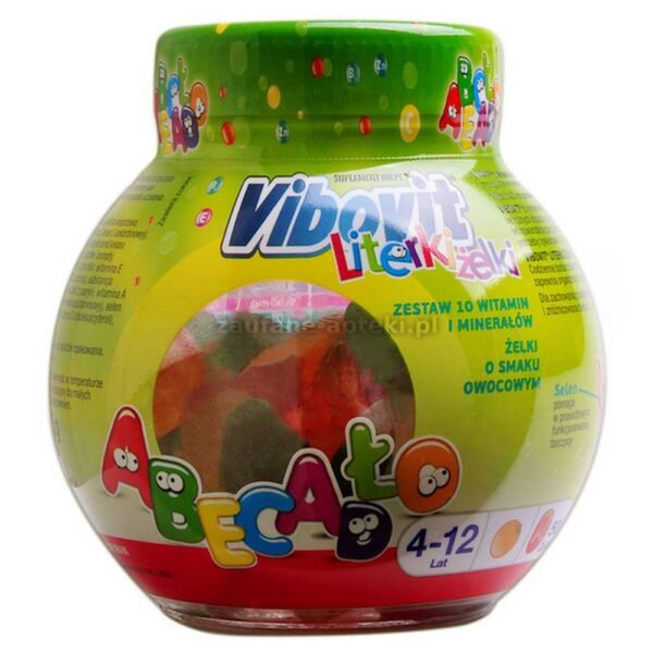 Vibovit Letterki Jellies Пищевая добавка, содержащая 11 витаминов и минералов, в форме жевательных конфет с фруктовым вкусом для детей 4-12 лет.