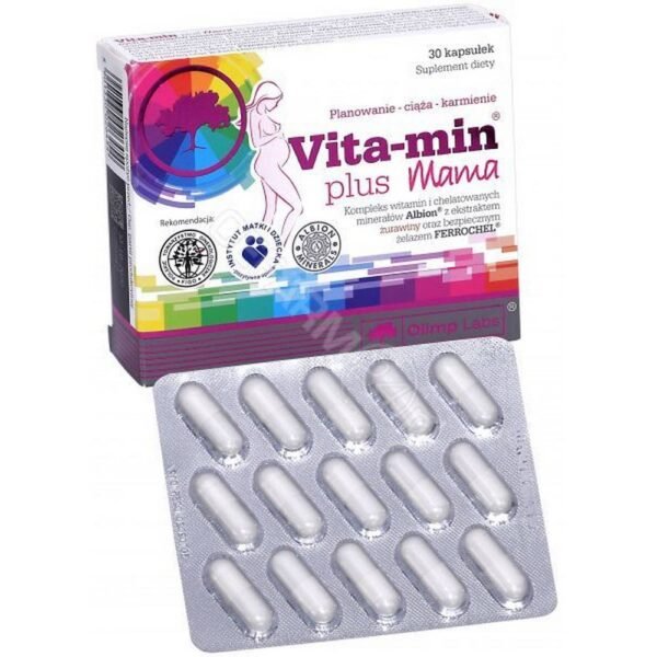 Vita-Min Plus Mama — это биологически активная добавка от Olimp, содержащая витамины и минералы высокого фармацевтического качества, комплексное действие которых поддерживается, в том числе, фолиевой кислотой.