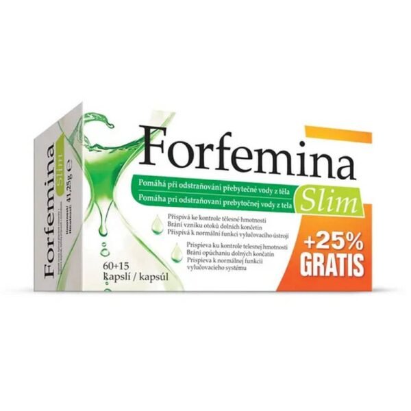 is a dietary supplement containing plant extracts, zinc and chromium. Forfemina Slim helps remove excess water from the body (nettle) and promotes weight control (black pepper and bitter orange extract).