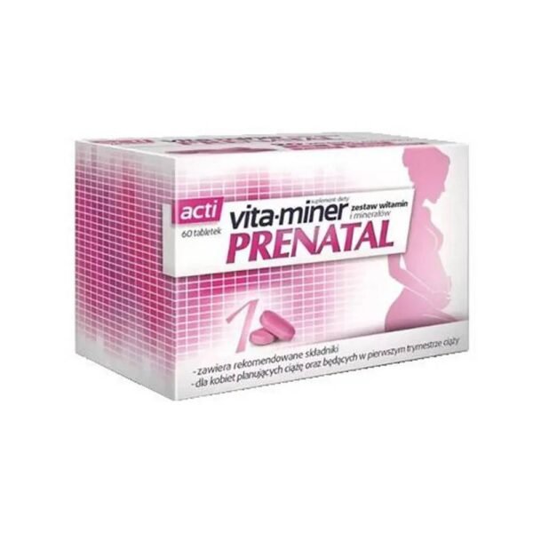 Vita-miner Prenatal is a dietary supplement containing a complex of vitamins and minerals for pregnant and lactating women.