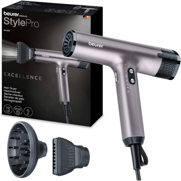Beurer HC 100 Excellence with a powerful digital motor, dries 20% faster, lightweight, silent, ionization function for shiny hair, includes a diffuser attachment for adding volume.