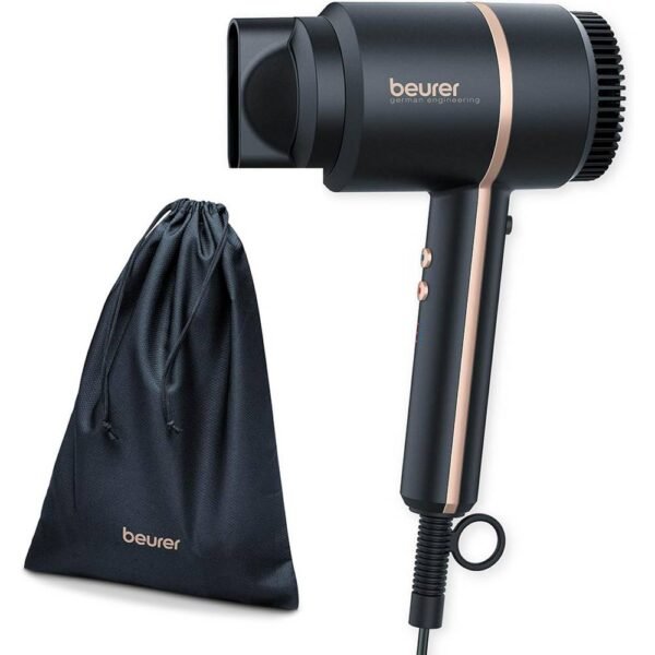 Beurer HC 35 compact hair dryer with ion function for shiny and smooth hair, includes styling nozzle, power 1600-2000 W, elegant LED display, storage bag.