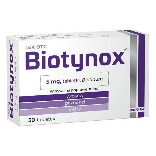 Biotynox is a supportive treatment for biotin deficiency with symptoms such as: hair loss, abnormal hair and nail growth, inflammation of the skin around the eyes, nose, mouth, ears and perineum, after a doctor has ruled out other causes.