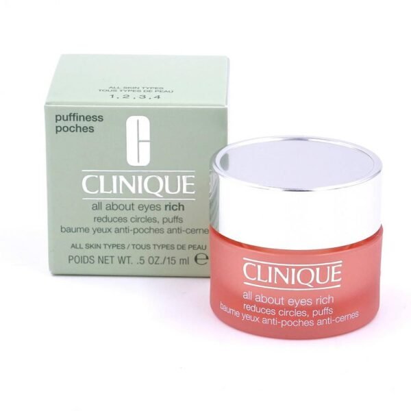 Clinique All About Eyes Rich 15ml soothes and relieves puffiness, reduces dark circles and diminishes fine lines.