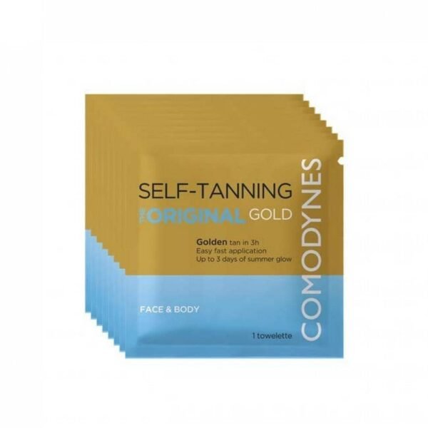 Comodynes Self-Tanning Wipes Gold Finish 8 for all skin types, protects from ultraviolet radiation, a simple and effective way to achieve a natural and long-lasting tan on the face, neck and décolleté.