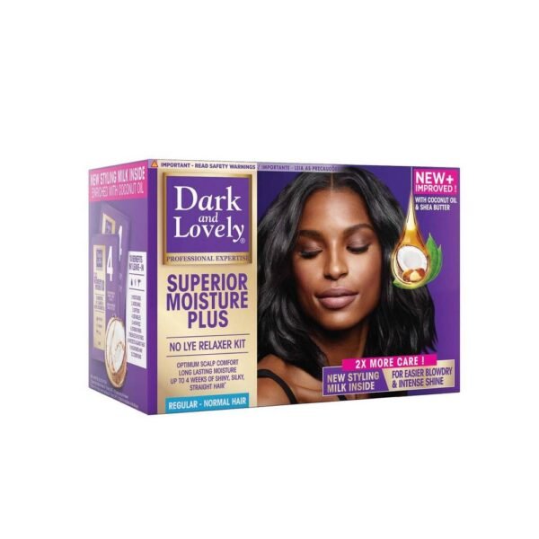 Dark and Lovely Moisture Plus No Lye Relaxer Normal straightener straightens hair, reducing breakage by 60%, provides intense nutrition and shine for healthy hair, leaving it smooth.