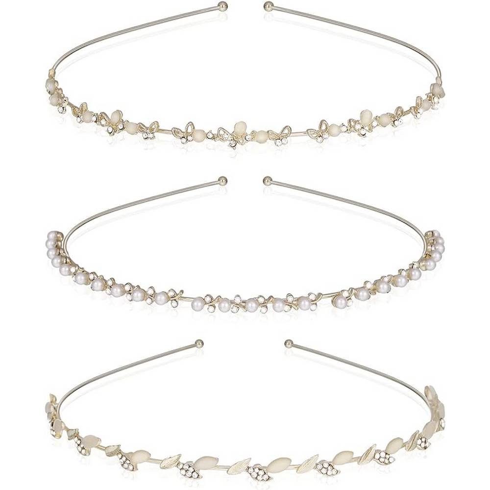 fantesi 3er pack brautstirnband hellgold Corona para el pelo FANTESI con pedrería hecha de perlas artificiales, adecuada como tiara de boda hecha de cintas, un accesorio elegante para una celebración.