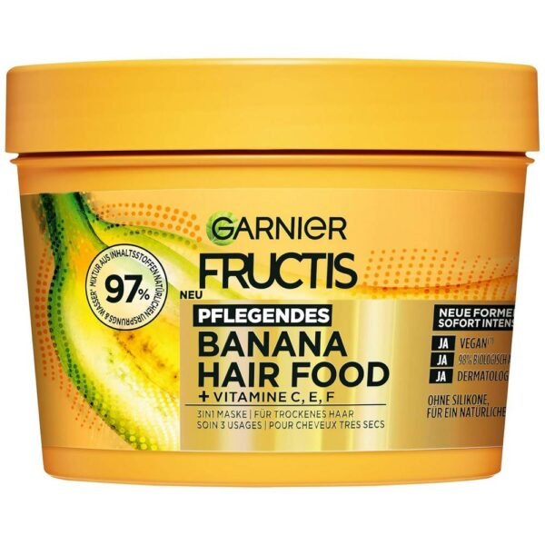 Masque sans rinçage Garnier Fructis Pflegende Bananen pour cheveux secs, leur donne une plus grande élasticité, la texture légère est instantanément absorbée, hydrate les cheveux, ils deviennent instantanément brillants.
