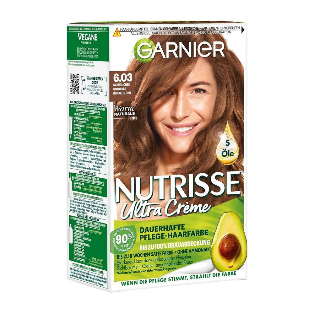 garnier nutrisse ultra creme dauerhafte pflege haarfarbe 603 Garnier Nutrisse Ultra Creme питает и улучшает качество волос после окрашивания благодаря эффективности пяти входящих в состав масел, уходовой процедуры, обогащенной маслом авокадо, оливковым маслом, кокосовым маслом, аргановым маслом и маслом ши, набор красок для волос содержит 90 % натуральных ингредиентов.