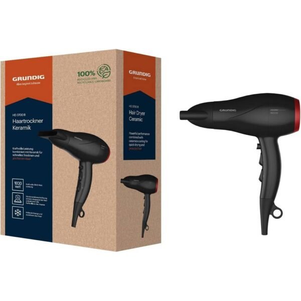 GRUNDIG HD 3700B-1800 W, hair dryer, 3 temperature settings and 2 air flow settings, cold mode, ceramic protection, 1.8 m cable, removable air intake grille.