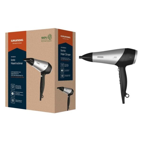 GRUNDIG HD 6080 B hair dryer, ionization function, 3 temperatures and 2 air flow levels, cold mode, ceramic coating, 1.8 m cable.