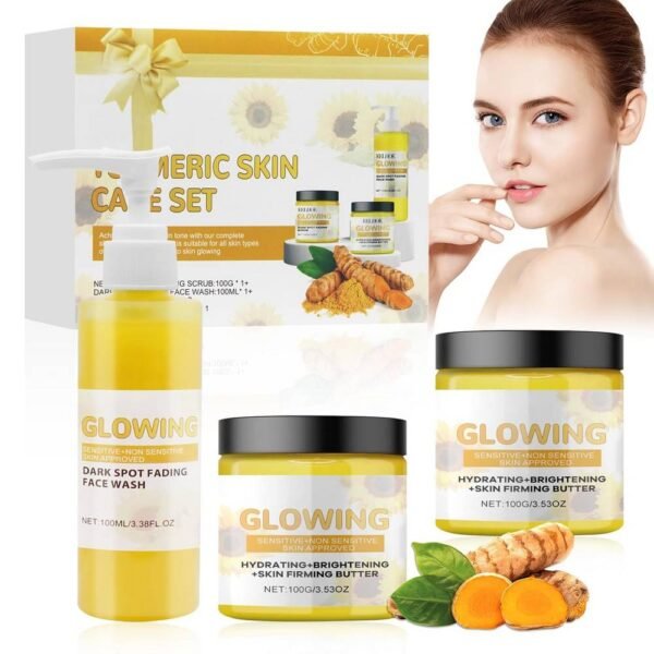 El kit de cuidado de la piel 3 en 1 Horuili Turmeric Hautpflege-Network nutre, hidrata y suaviza la piel, dejándola brillante y tersa.