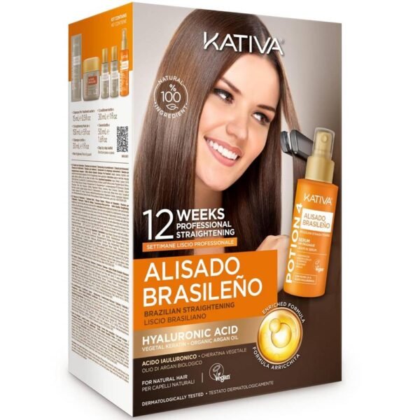 La fórmula del Alisado Brasileño Kativa Premium con ácido hialurónico no requiere enjuague, brinda protección térmica y filtro UV, hidrata gracias a la adición de queratina vegetal y aceite de argán.