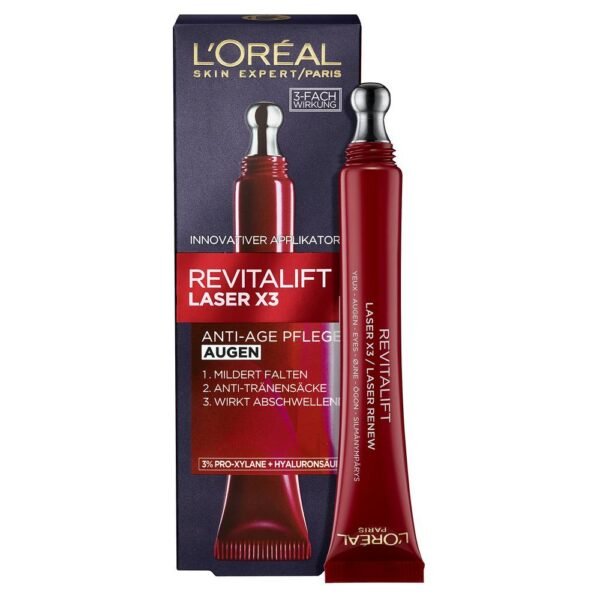 L'Oréal Paris Revitalift Laser X3 15 ml crème anti-âge yeux triple effet, à l'acide hyaluronique, réduit les rides, réduit les poches sous les yeux, donne de l'élasticité.