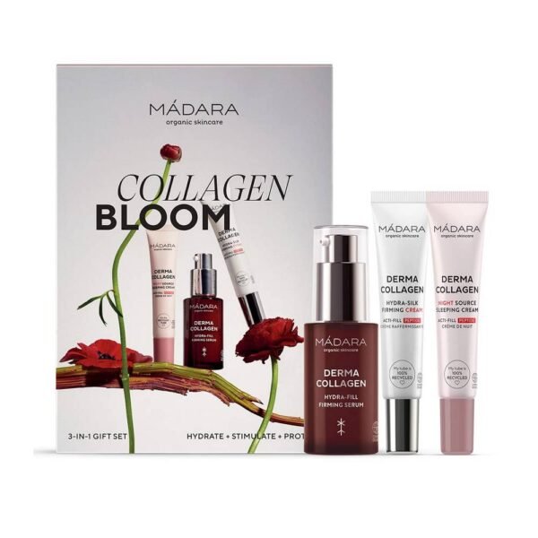 MÁDARA Collagen Bloom Gift Set Organic Skincare helps increase collagen production and gives the skin firmness and elasticity.