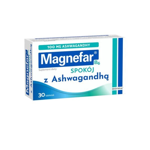 Magnefar B6 Spokój es un complemento alimenticio con citrato de magnesio, ashwagandha, ácido fólico y vitamina B.