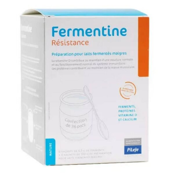 Fermentine Résistance es un complemento alimenticio del laboratorio Pileje a base de vitamina D, proteínas, fermentos y calcio.