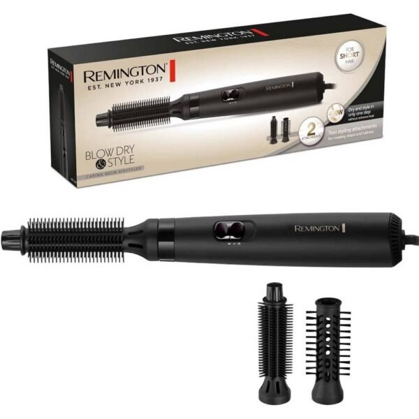 Remington AS7100 is ideal for short hair, hair dryer styler with two nozzles, a round brush of 19 mm and 25 mm, 2 levels of heat and fan.