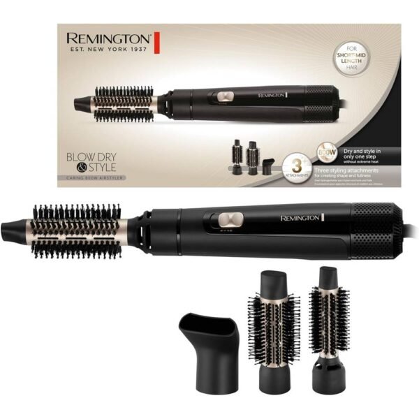 Remington AS7300 dries and styles, giving shape and volume to short and medium hair, 2 heat levels and a fan, the set includes 3 attachments: a 25 mm and 38 mm round brush, a styling attachment.