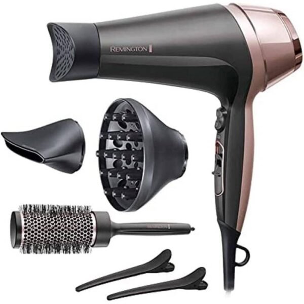 Remington Ionen Curl-Straight D5707 2200W, including 3 styling attachments: conical nozzle and diffuser for curl styling, 45mm round brush and clips, 3 heat levels and 2 blowing levels.