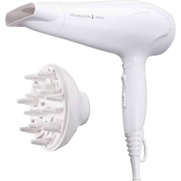 Remington Ionen D31992200W, керамическое кольцо Ionic Care: бережная укладка и равномерное распределение тепла, 3 уровня нагрева и 2 отдельных уровня вентиляции + уровень охлаждения, 2 насадки.