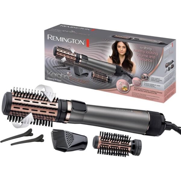 Заколки для волос Remington Keratin Protect AS8811 + с миндальным маслом. В комплекте 3 насадки: 2 круглые щетки + усилитель линии роста волос для большего объема.
