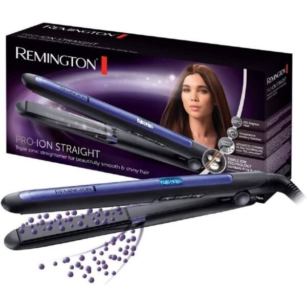 Remington Pro-Ion S7710 — тройная ионная технология: меньше вьющихся волос и статического электричества, керамическое покрытие цвета «ультра малина», ЖК-дисплей, 150–230°C, функция повышения температуры.