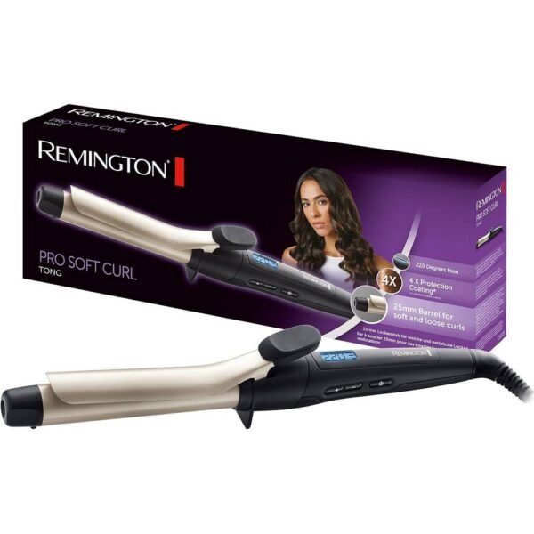 Remington Pro Soft Curl 4x больше защиты для волос с антистатическим керамическим турмалиновым покрытием, насадка для плойки 25 мм, макс. температура: 220, настройки температуры 10 °C, ЖК-дисплей температуры, кабель 1,8 м с поворотным соединением, автоматическое безопасное отключение через 60 минут.