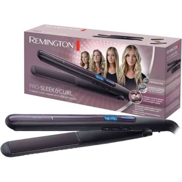 Remington S6505 Pro Sleek and Curl rounded design for sleek and manageable curls, high-quality ultra-tourmaline ceramic coating, digital display with 10 temperature settings, temperature boost function, automatic shut-off.