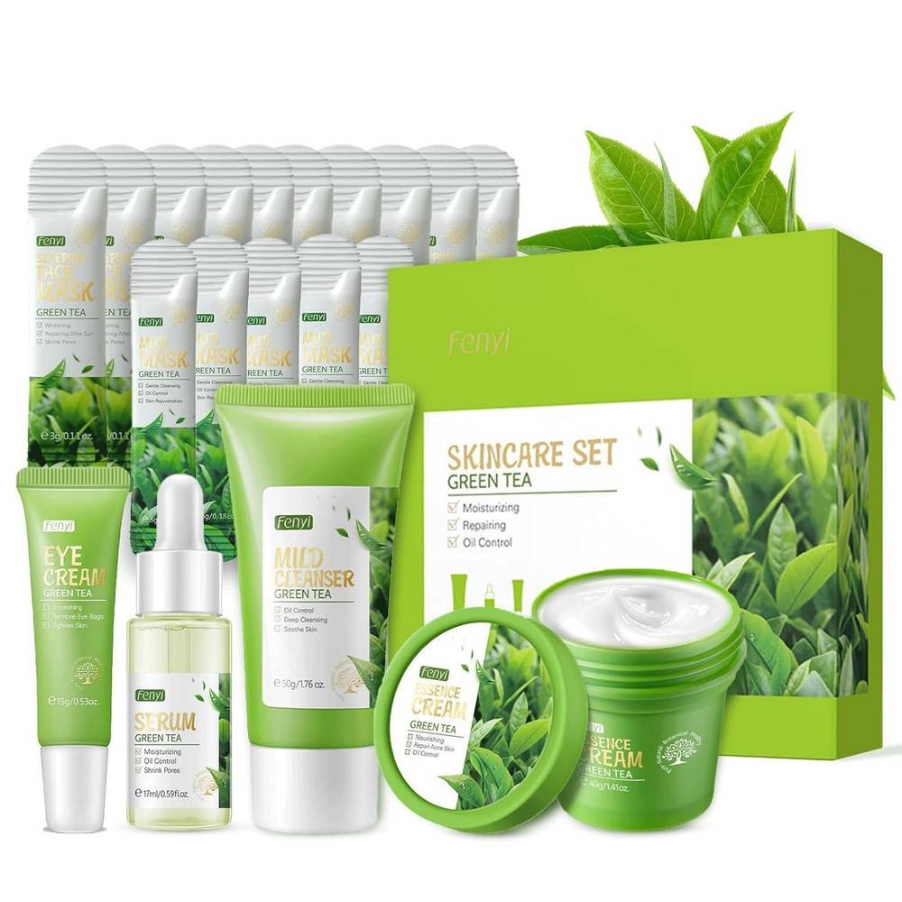 shefave green tea gesichtspflege set 19er El set de cuidado facial de té verde de Shefave, 19 unidades, humecta y suaviza la piel, cierra los poros, equilibra la secreción de agua y aceite de la piel, rejuvenece la piel y elimina el acné.