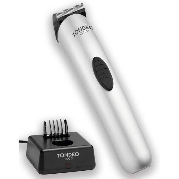 Tondeuse à cheveux professionnelle TONDEO ECO S PLUS SILVER avec station de charge et accessoire de peigne pour 4 longueurs de coupe différentes.