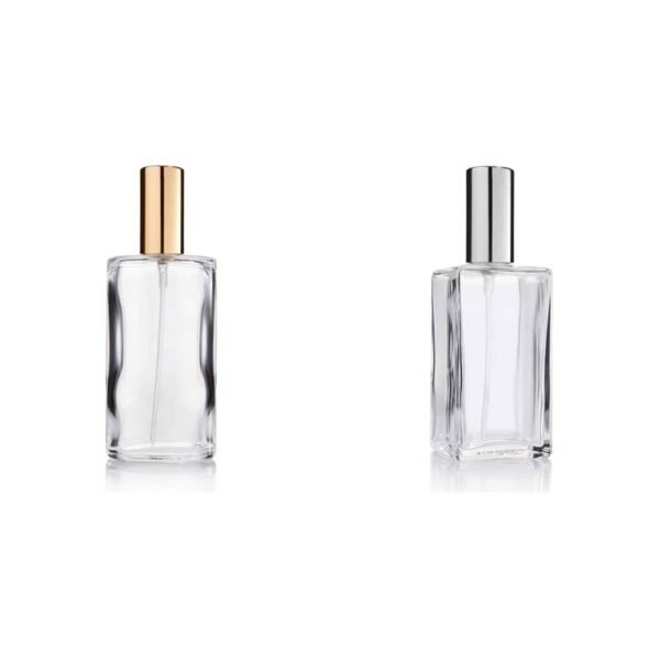 Flacon de parfum Fantasia vide 2 x 100 ml - flacon ovale en verre transparent avec bouchon doré et flacon de parfum carré, transparent, en verre, avec bouchon argenté.