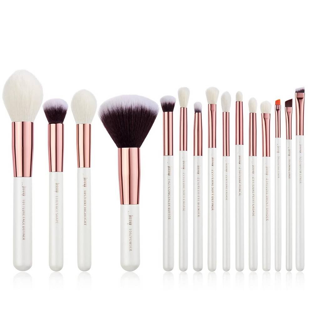 jessup make up pinsel set 15 stuck weiss rosegold t222 Juego de brochas de maquillaje Jessup, 15 piezas, oro rosa blanco T222 elástico, suave, denso, esponjoso, fuerte capacidad para agarrar polvo, punta fina de metal de oro rosa.