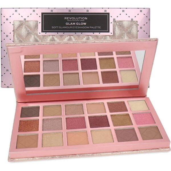 Makeup Revolution Glam Glow (18) 1000 г насыщенных пигментов нейтральных, матовых, мерцающих и фольгированных оттенков, которые подойдут любому оттенку кожи.