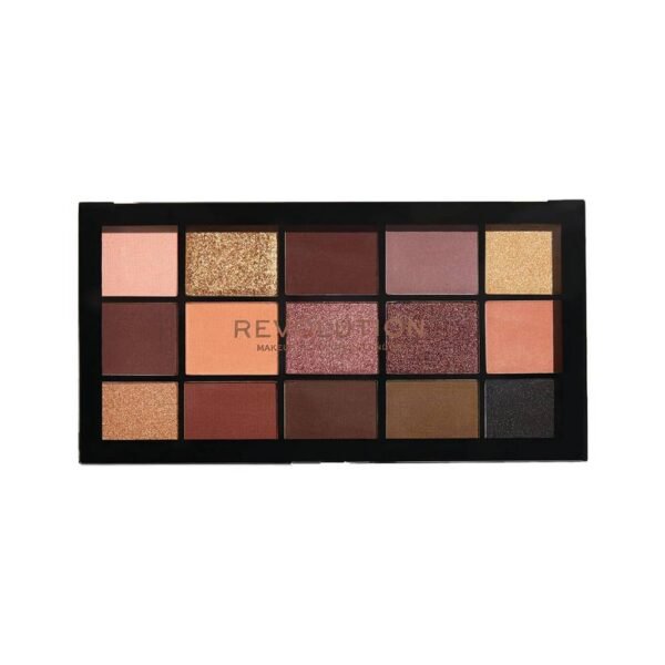 MakeUp Revolution Reloaded Valvet Rose 15 Shades 16,5 г Смесь из 15 гладких и насыщенных оттенков, включающих основные бежевые и коричневые тона, многофункциональные мерцающие золотые тона, бордовые оттенки и ультрапигментированный черный с медным мерцанием.